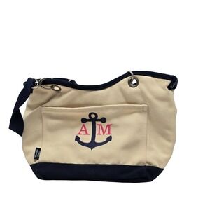 Thirty-One Canvas Crew Nautical Anchor Thermal‎ Tote Bag Navy Beige AM monogram